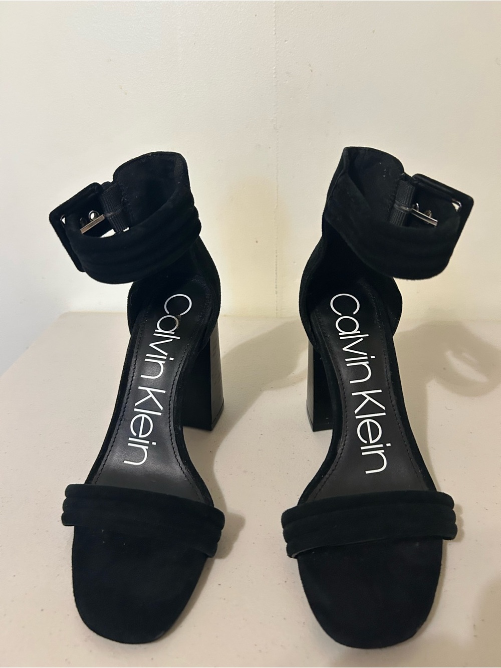 Calvin Klein Black Rochanda Suede Ankle Strap Block Heels 6.5